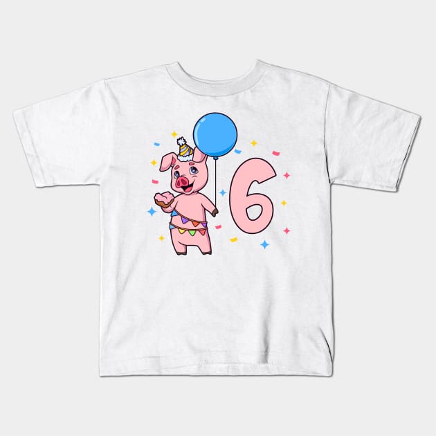 I am 6 with pig - kids birthday 6 years old Kids T-Shirt by Modern Medieval Design